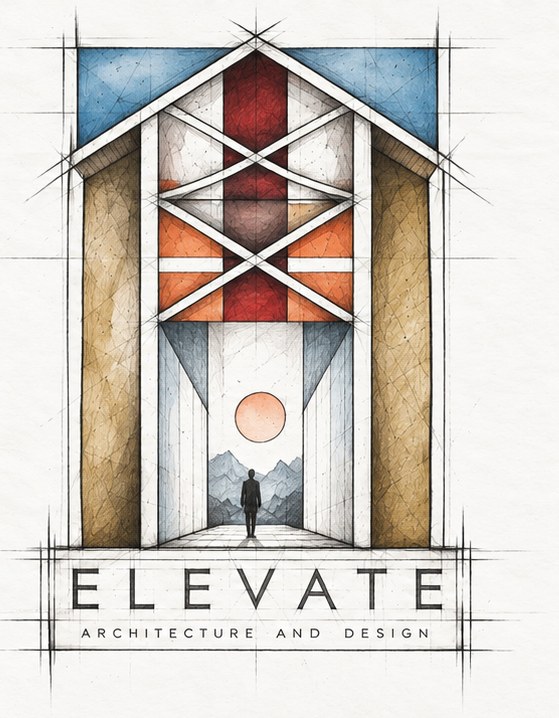 ELEVATE architecture and design: a tall building with a figure walking toward a sun.